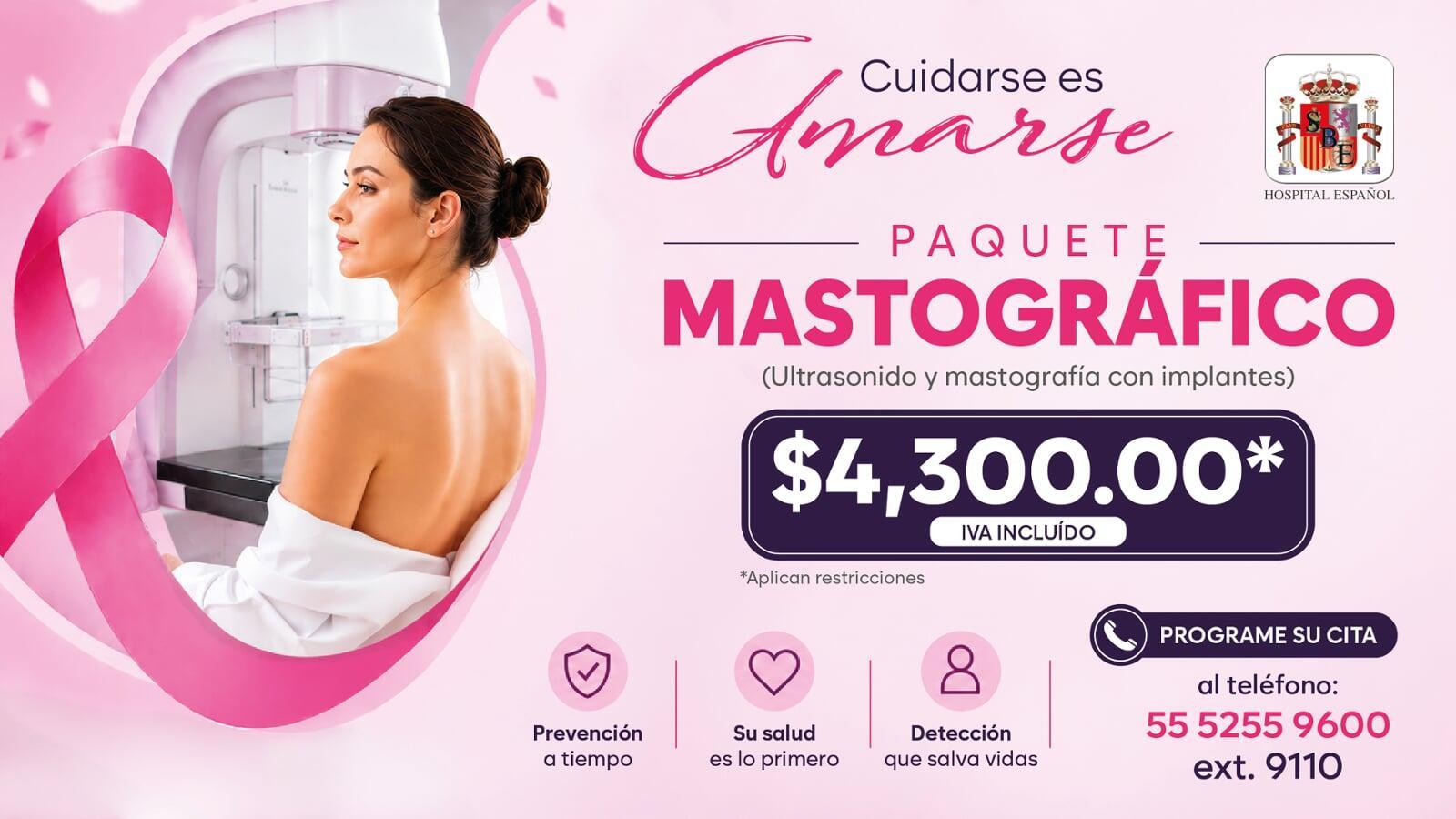 Costo de paquete mastográfico sin implantes $2,141.00 pesos